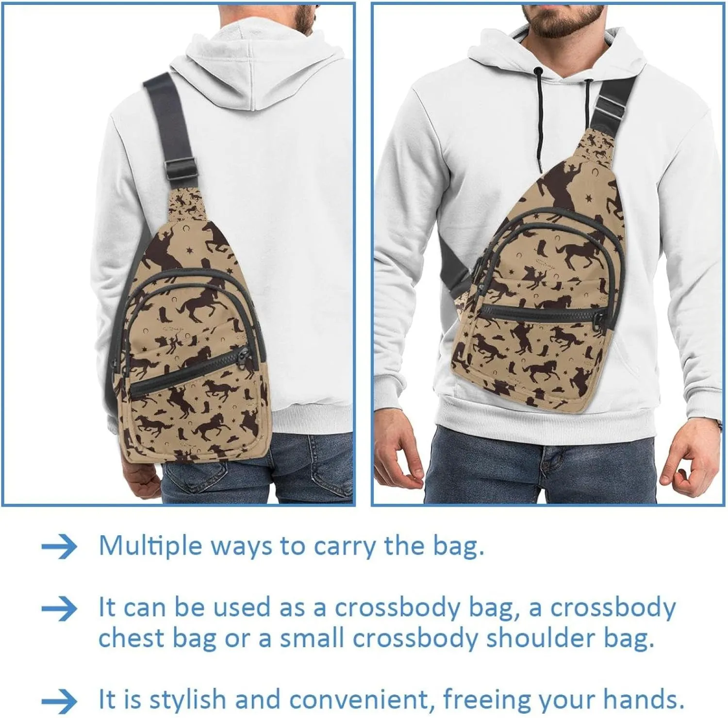 Crossbody Bags for Women Men cowboys and horse Sling Bag Bakpack Casual Chest Bag with Convertible Shoulder Strap