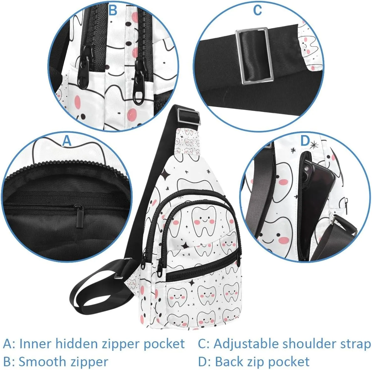 Crossbody Bags for Women Men cute teeth (1) Sling Bag Bakpack Casual Chest Bag with Convertible Shoulder Strap