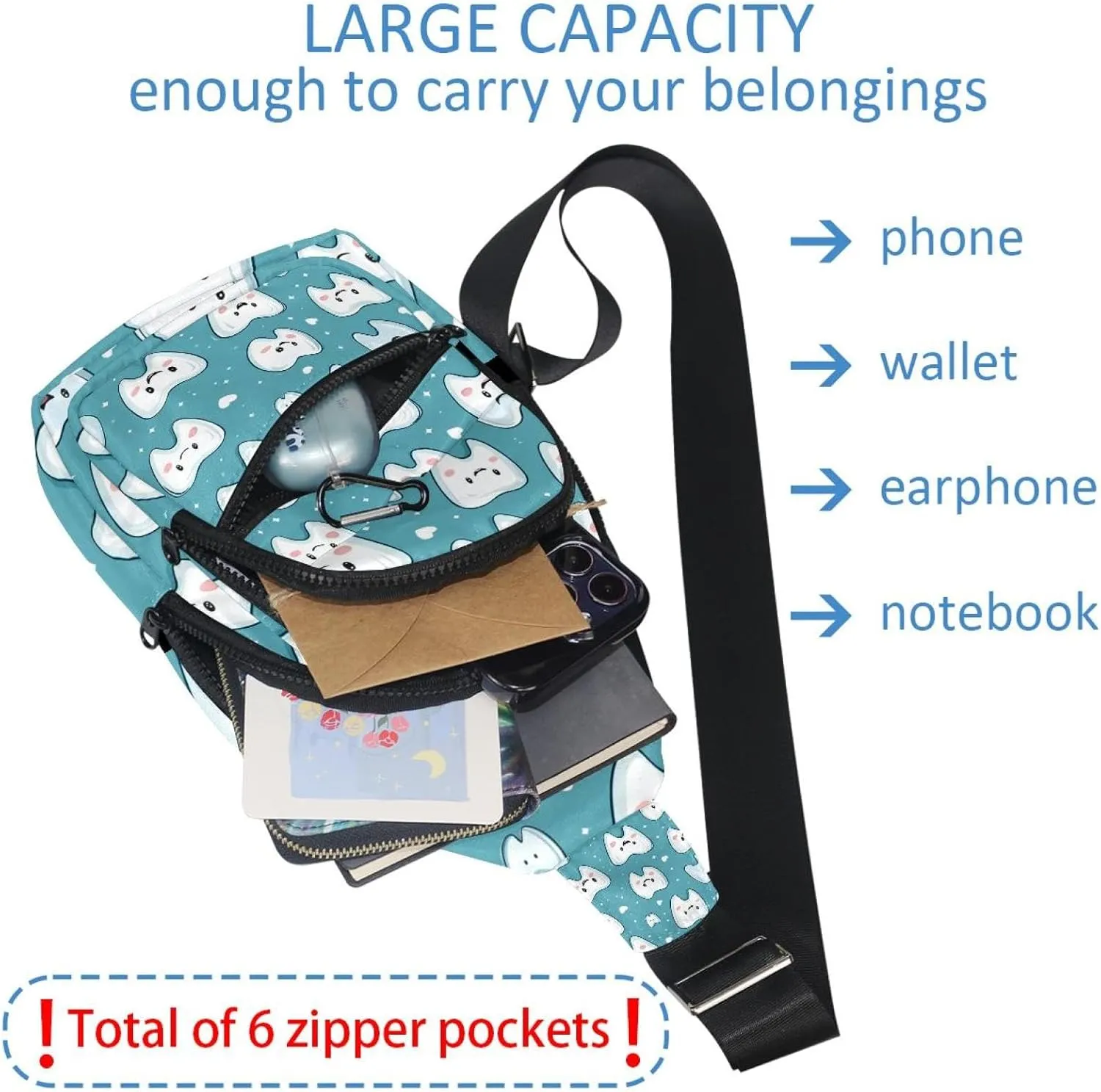 Crossbody Bags for Women Men Cute Teeth Sling Bag Bakpack Casual Chest Bag with Convertible Shoulder Strap