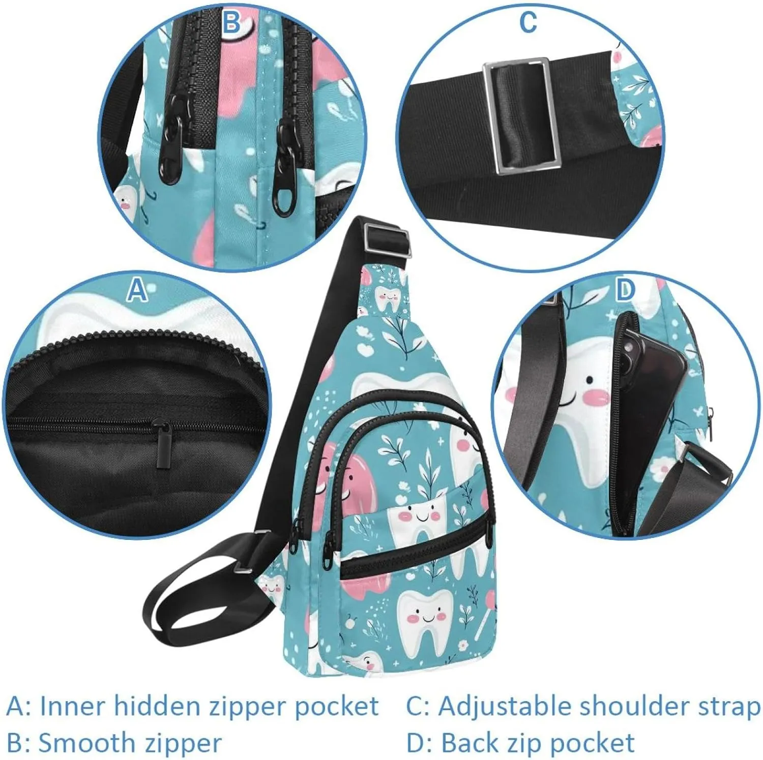 Crossbody Bags for Women Men Cute Teeth Sling Bag Bakpack Casual Chest Bag with Convertible Shoulder Strap