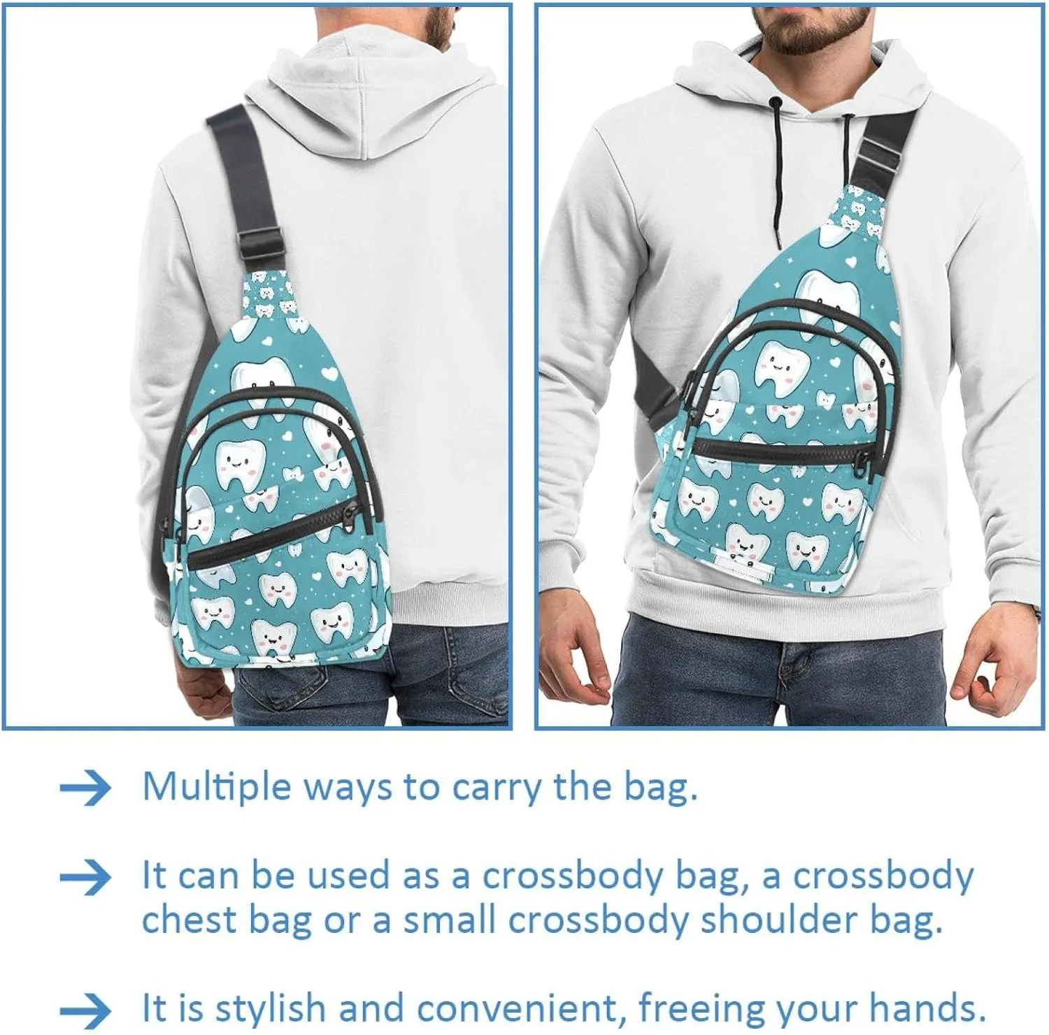 Crossbody Bags for Women Men Cute Teeth Sling Bag Bakpack Casual Chest Bag with Convertible Shoulder Strap