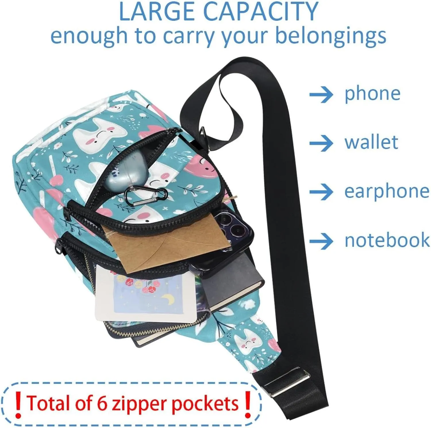 Crossbody Bags for Women Men Cute Teeth Sling Bag Bakpack Casual Chest Bag with Convertible Shoulder Strap