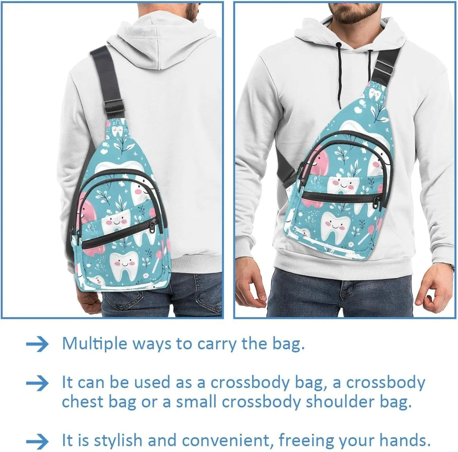 Crossbody Bags for Women Men Cute Teeth Sling Bag Bakpack Casual Chest Bag with Convertible Shoulder Strap