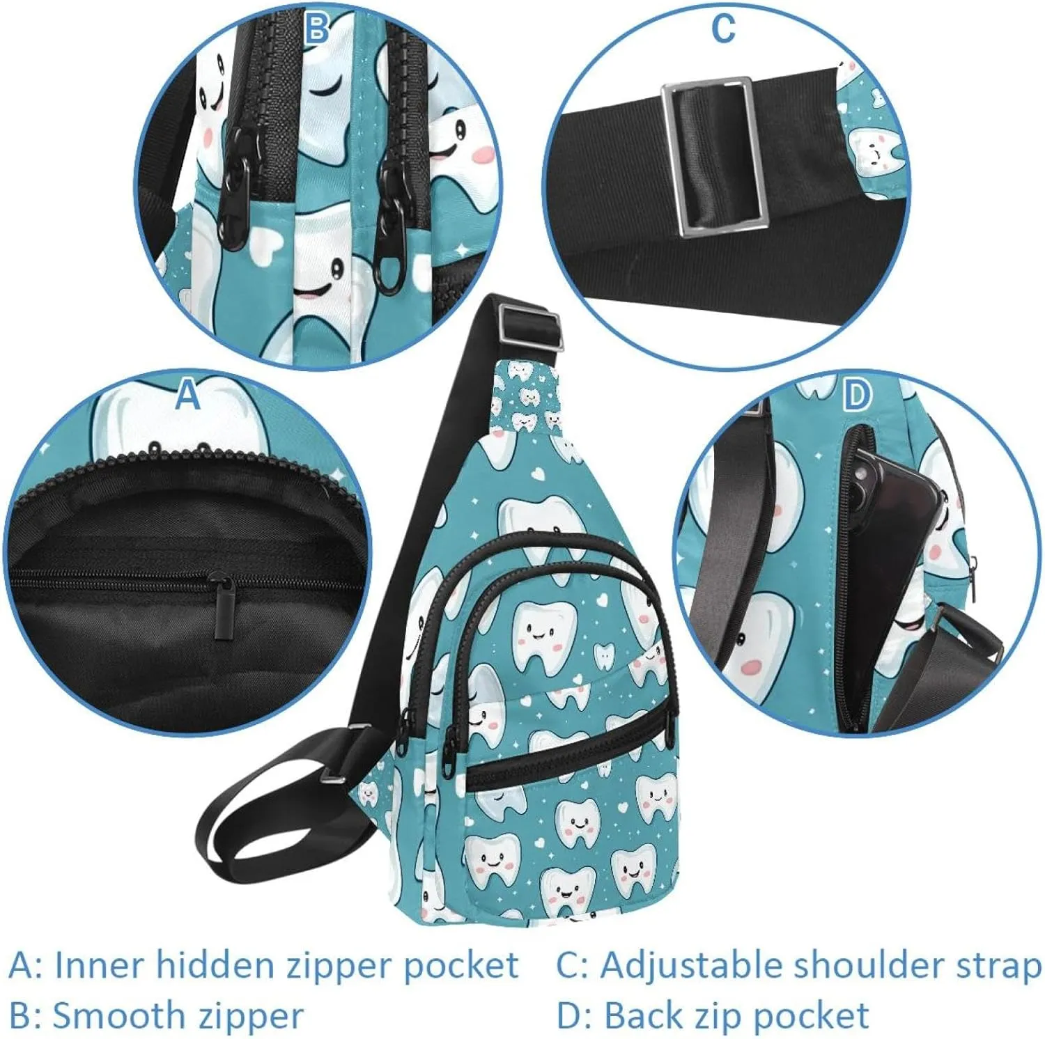 Crossbody Bags for Women Men Cute Teeth Sling Bag Bakpack Casual Chest Bag with Convertible Shoulder Strap