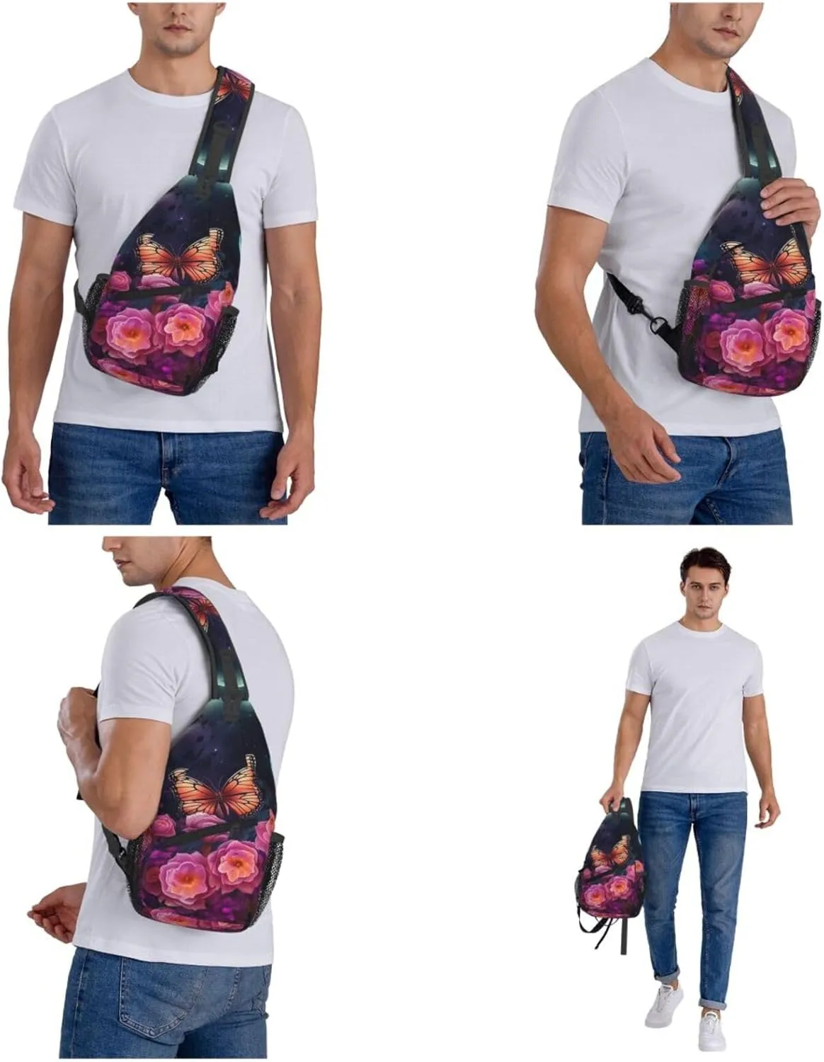 Crossbody Bags for Women Men Trendy Sling Bag Casual Chest Bag Moon Flowers and Butterflies Shoulder Bag for Travel
