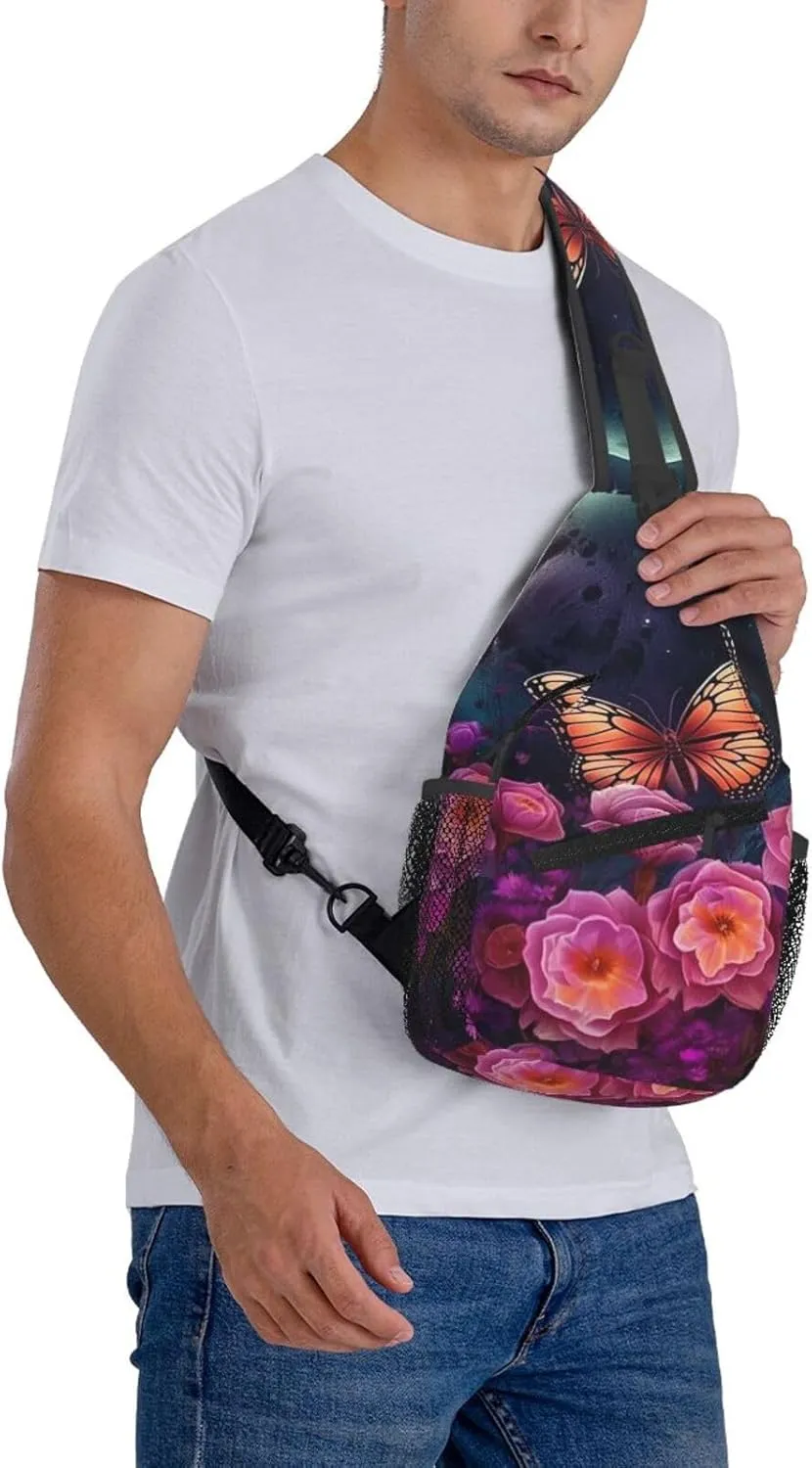 Crossbody Bags for Women Men Trendy Sling Bag Casual Chest Bag Moon Flowers and Butterflies Shoulder Bag for Travel