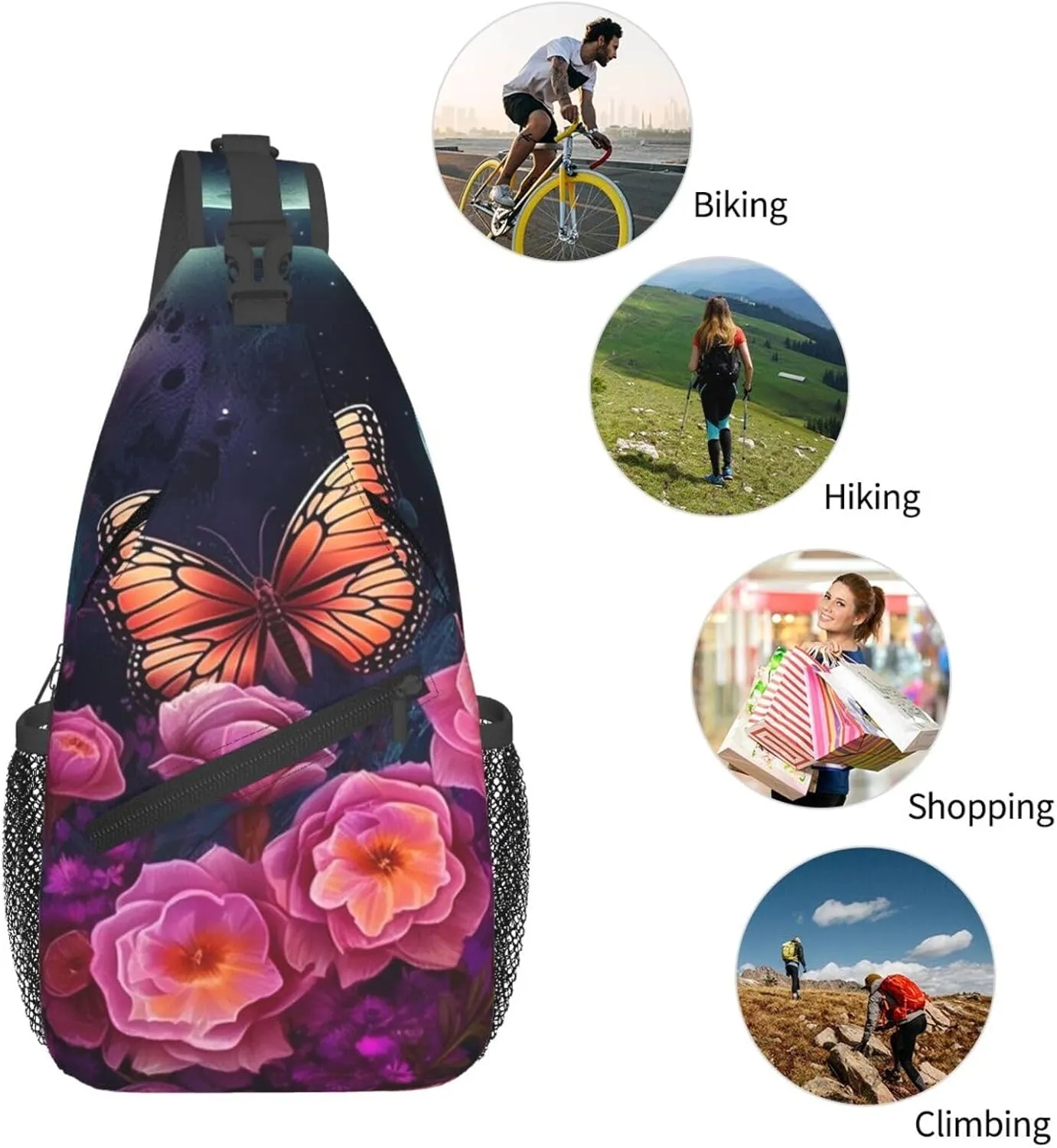 Crossbody Bags for Women Men Trendy Sling Bag Casual Chest Bag Moon Flowers and Butterflies Shoulder Bag for Travel