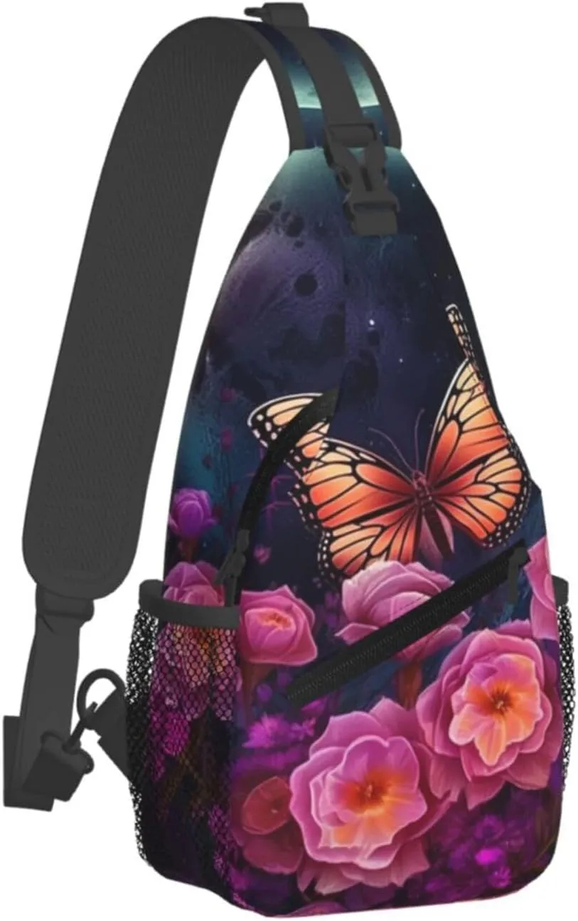 Crossbody Bags for Women Men Trendy Sling Bag Casual Chest Bag Moon Flowers and Butterflies Shoulder Bag for Travel