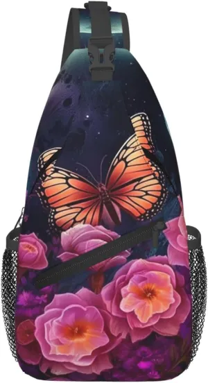 Crossbody Bags for Women Men Trendy Sling Bag Casual Chest Bag Moon Flowers and Butterflies Shoulder Bag for Travel