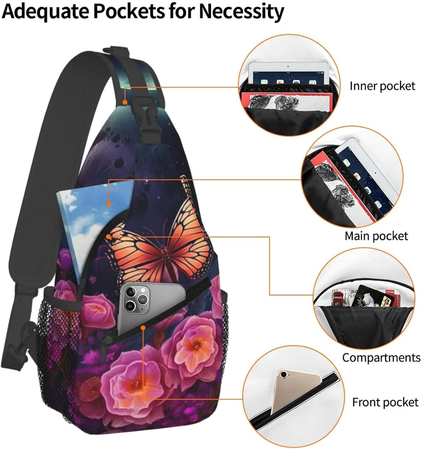 Crossbody Bags for Women Men Trendy Sling Bag Casual Chest Bag Moon Flowers and Butterflies Shoulder Bag for Travel