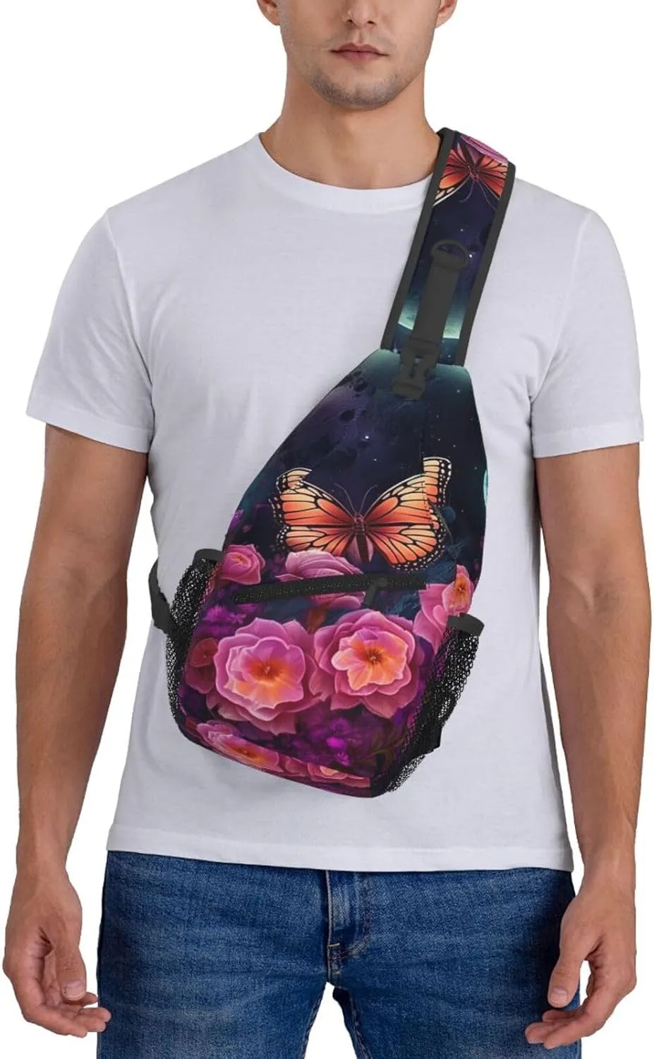 Crossbody Bags for Women Men Trendy Sling Bag Casual Chest Bag Moon Flowers and Butterflies Shoulder Bag for Travel