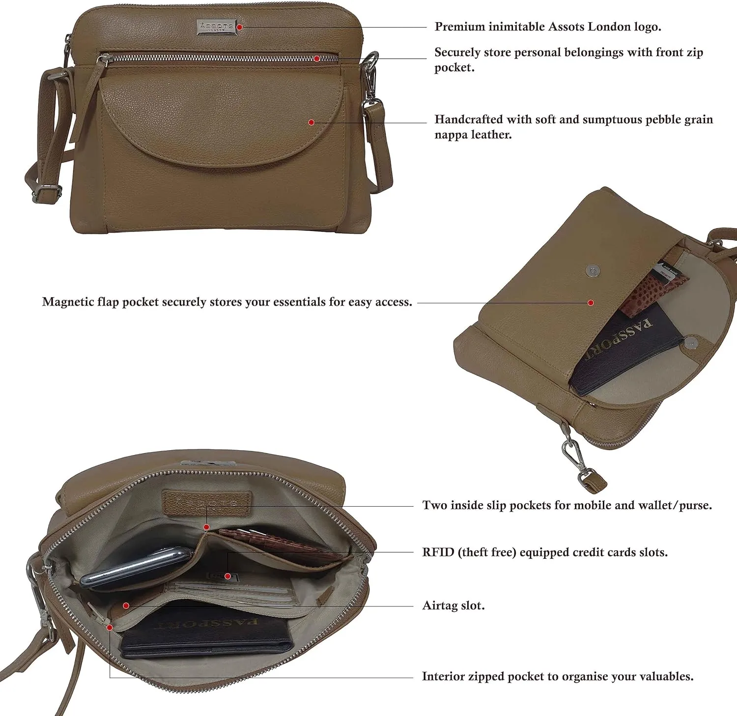 Crossbody Bags for Women Real Leather Sling with Multiple Pockets and Adjustable Strap