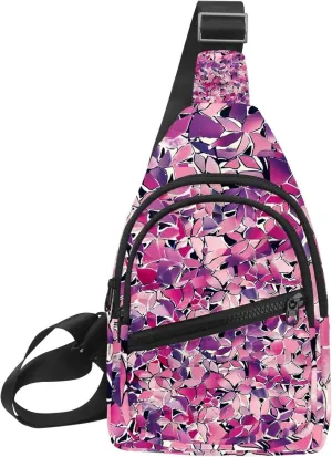 Crossbody Sling Backpack Sling Bag for Women Men, Pink Flower Bush Crossbody Fanny Packs Chest Bag with Adjustable Strap for Workout Running Traveling Hiking
