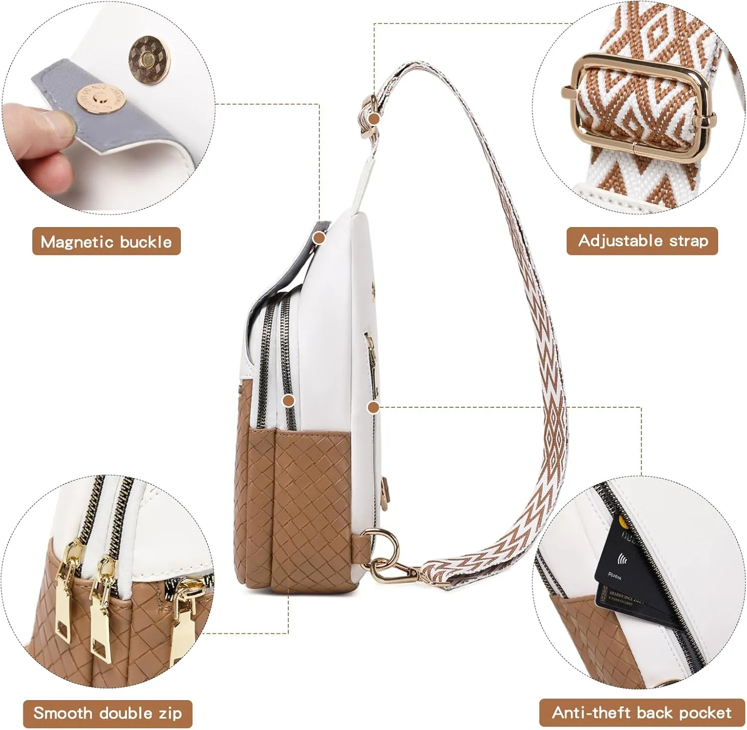 Crossbody Sling Bag Purse for Women - Small Chest Fanny Pack Trendy Travel Faux Leather Cross Body Bags with Adjustable Strap