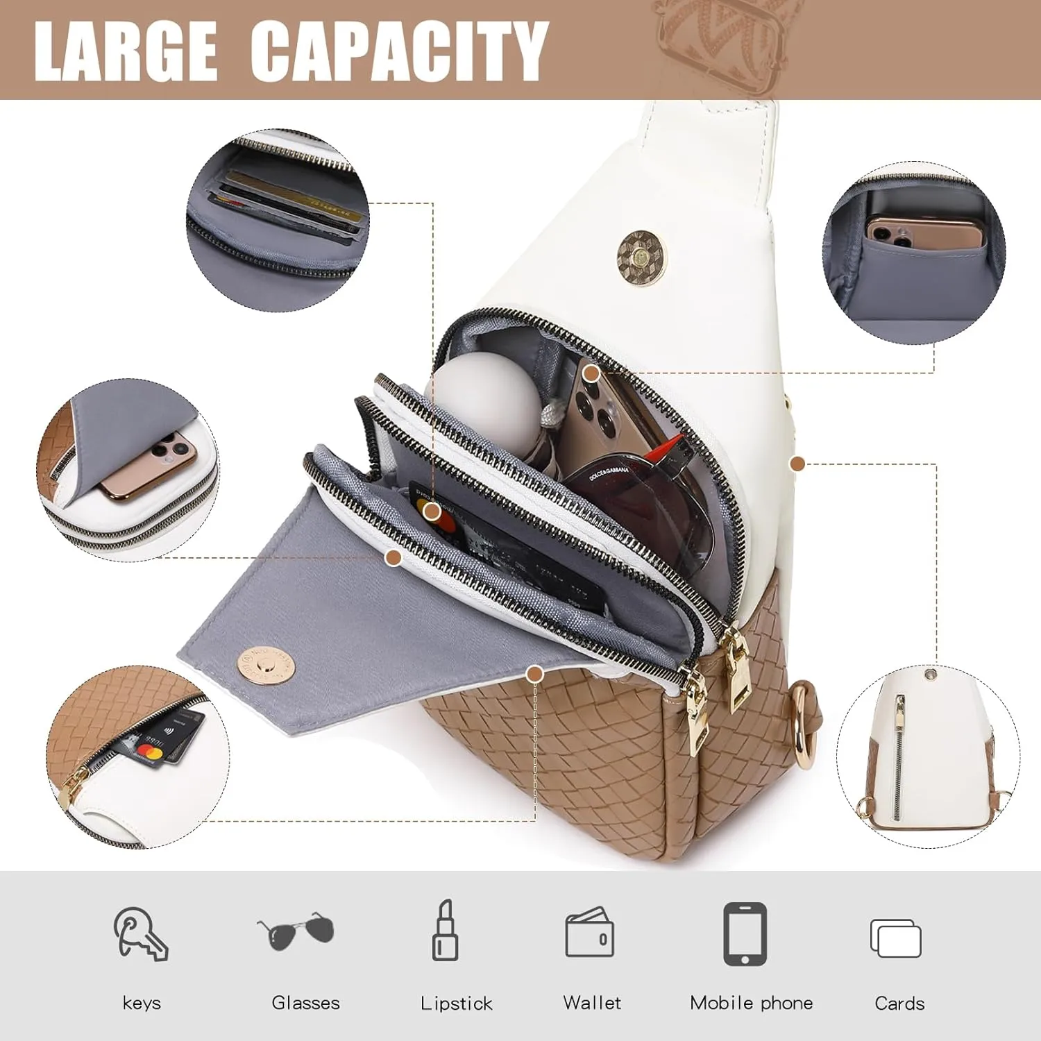 Crossbody Sling Bag Purse for Women - Small Chest Fanny Pack Trendy Travel Faux Leather Cross Body Bags with Adjustable Strap