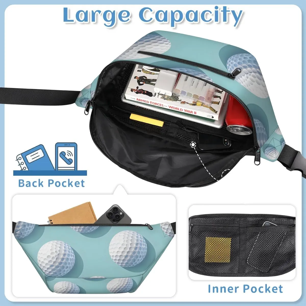 Crossbody Sling Bags for Women Men Golf Balls Casual Sling Backpack Daypack Chest Bag for Travel Sport Hiking Running