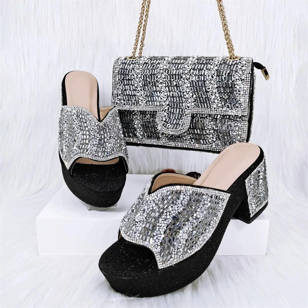 Crystal-Encrusted Wedding Shoes with Matching Purse Set African Bridal Party Rhinestone Pumps