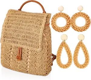 Cunno 3 Pcs Straw Backpack Crochet Backpack Purse Handmade Shoulders Bag Woven Bohemian Earrings Set Drawstring Daypack Rattan Earrings Beach Boho Hoop Drop Dangle Summer Handbags for Girls