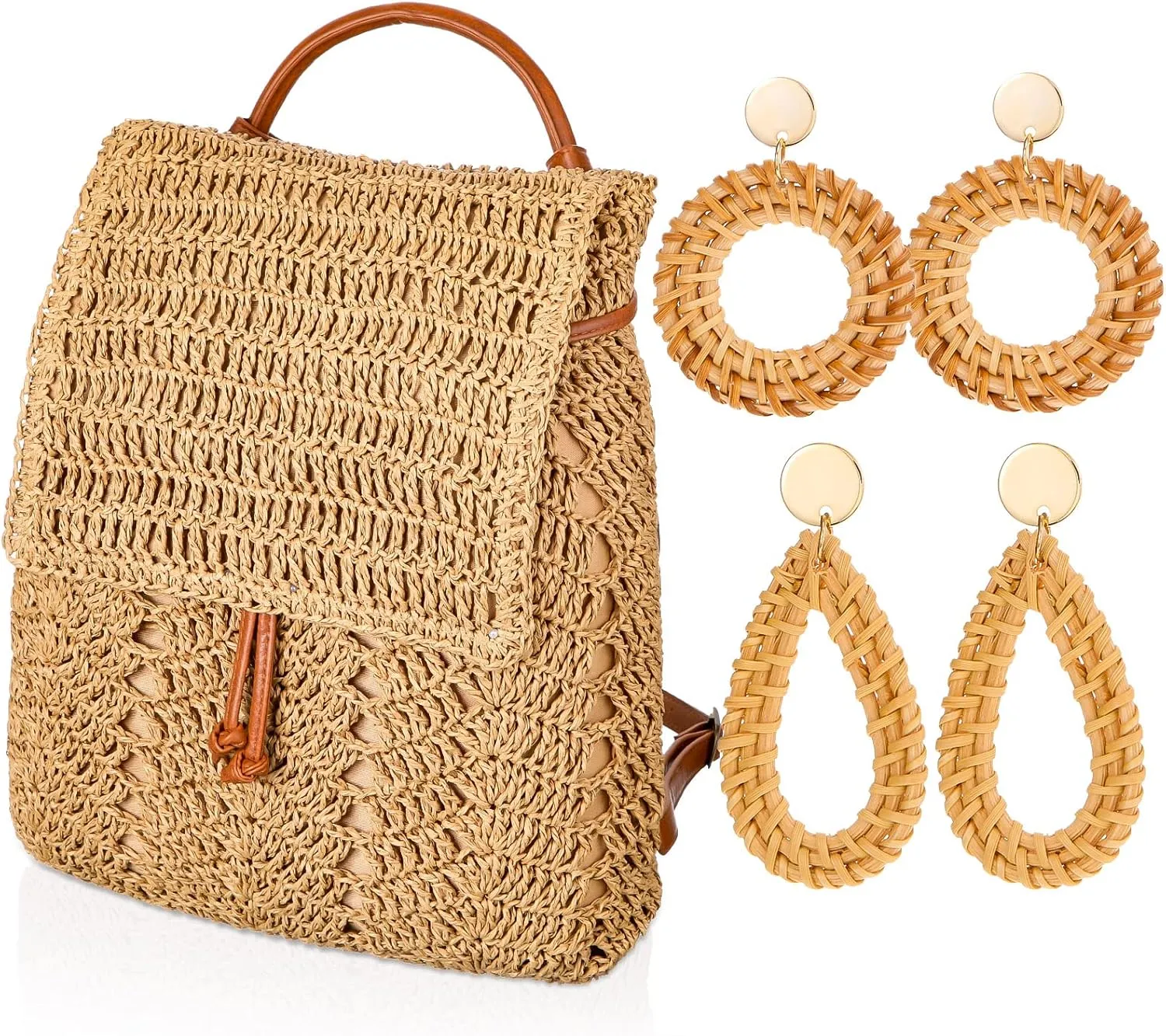Cunno 3 Pcs Straw Backpack Crochet Backpack Purse Handmade Shoulders Bag Woven Bohemian Earrings Set Drawstring Daypack Rattan Earrings Beach Boho Hoop Drop Dangle Summer Handbags for Girls
