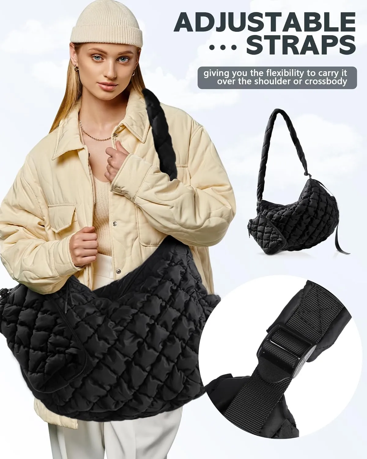 Cunno Quilted Puffer Tote Bag for Women with Small Bag Large Quilted Crossbody Carryall Puffy Handbag Purse