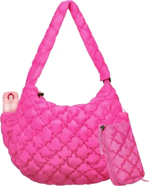 Cunno Quilted Puffer Tote Bag for Women with Small Bag Large Quilted Crossbody Carryall Puffy Handbag Purse