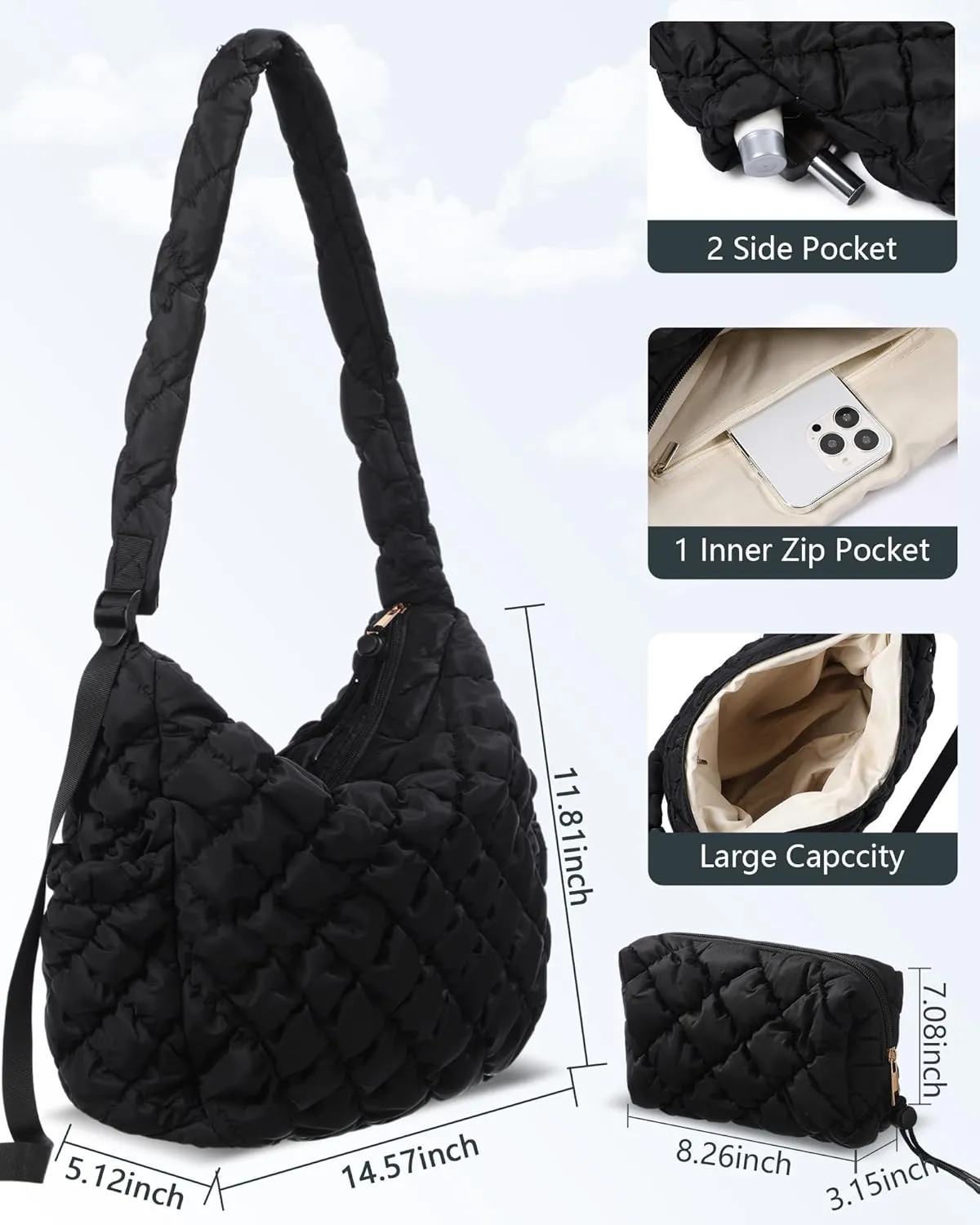 Cunno Quilted Puffer Tote Bag for Women with Small Bag Large Quilted Crossbody Carryall Puffy Handbag Purse