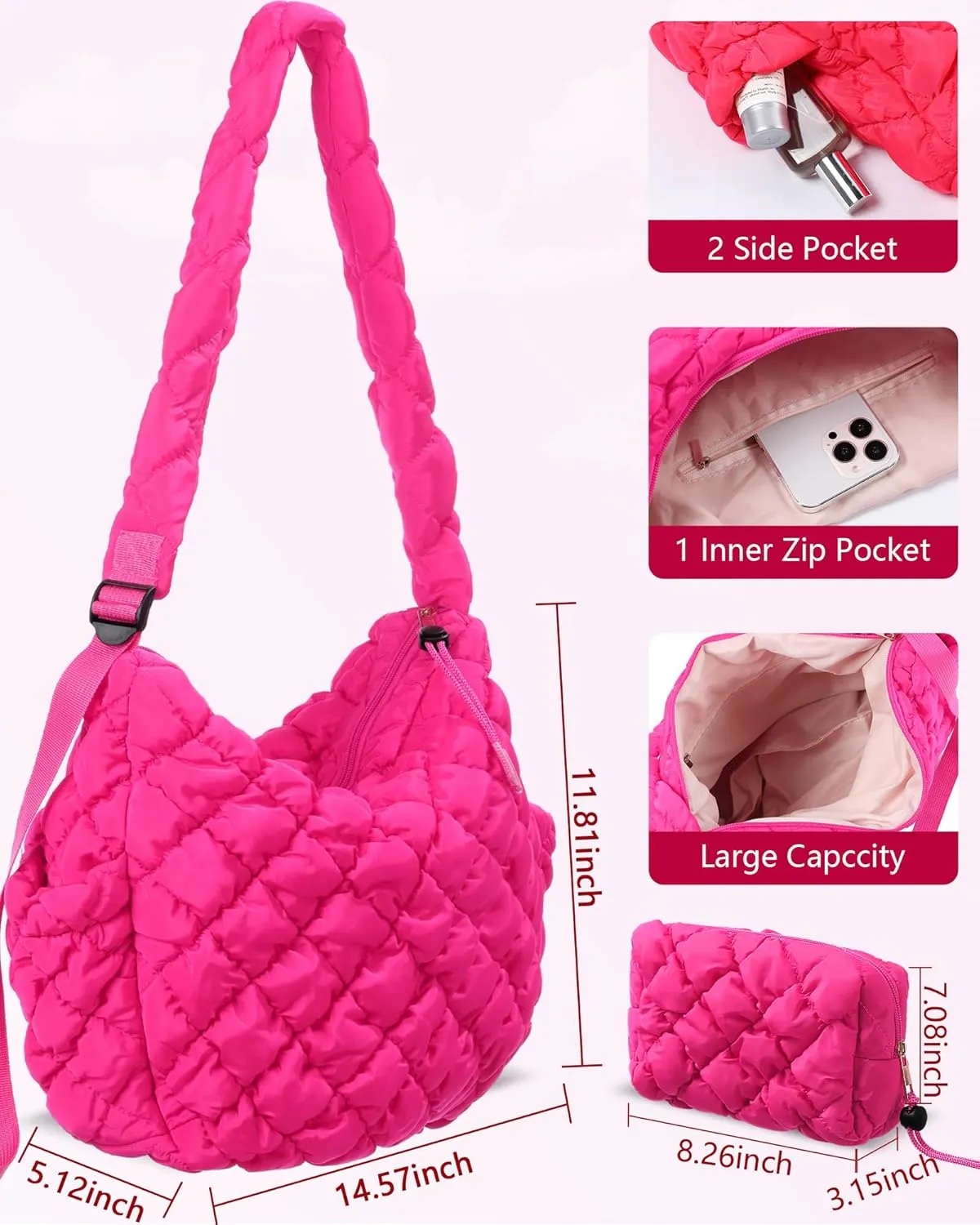 Cunno Quilted Puffer Tote Bag for Women with Small Bag Large Quilted Crossbody Carryall Puffy Handbag Purse