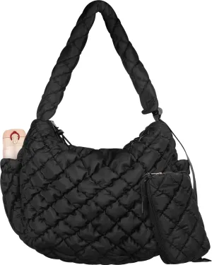 Cunno Quilted Puffer Tote Bag for Women with Small Bag Large Quilted Crossbody Carryall Puffy Handbag Purse