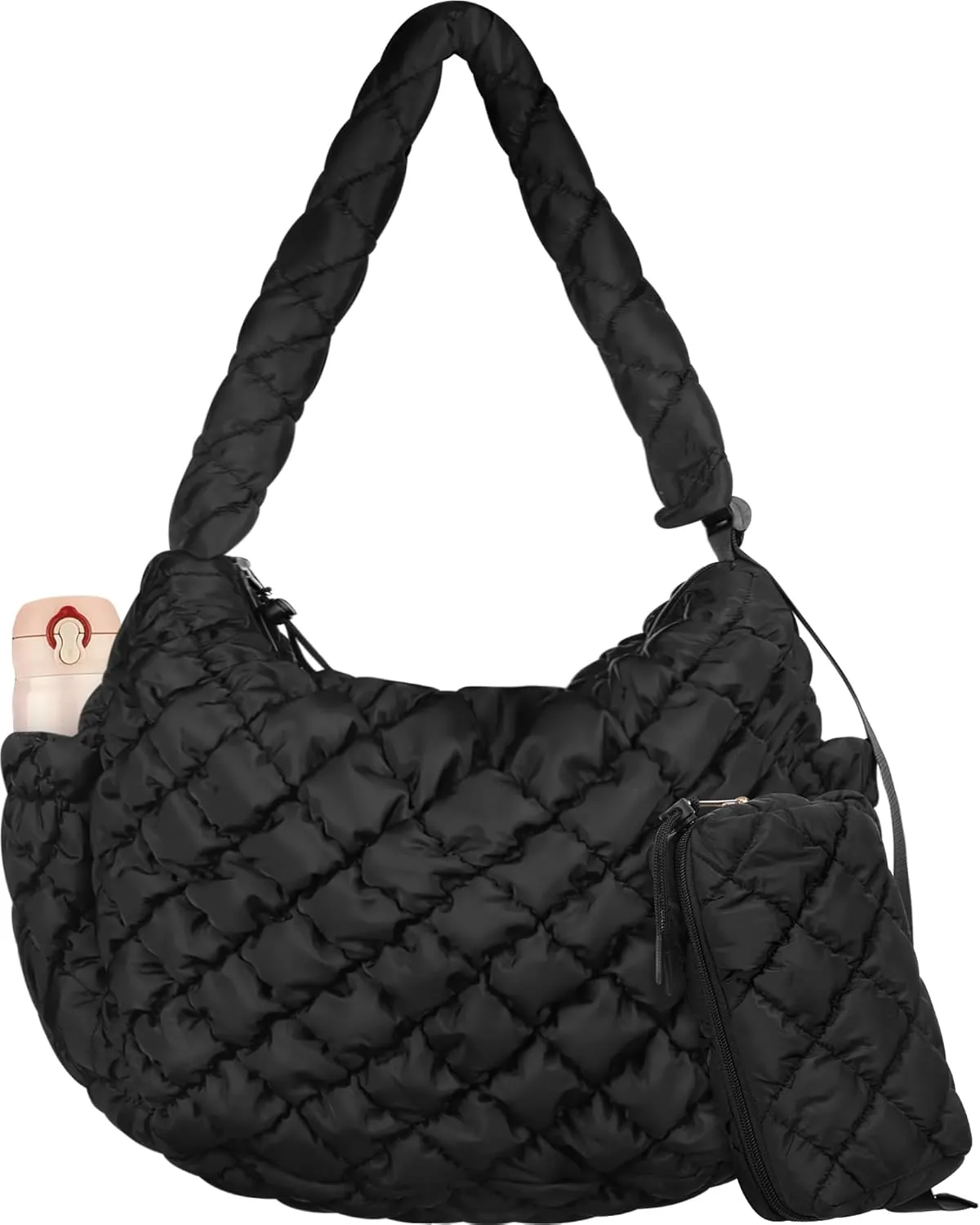Cunno Quilted Puffer Tote Bag for Women with Small Bag Large Quilted Crossbody Carryall Puffy Handbag Purse