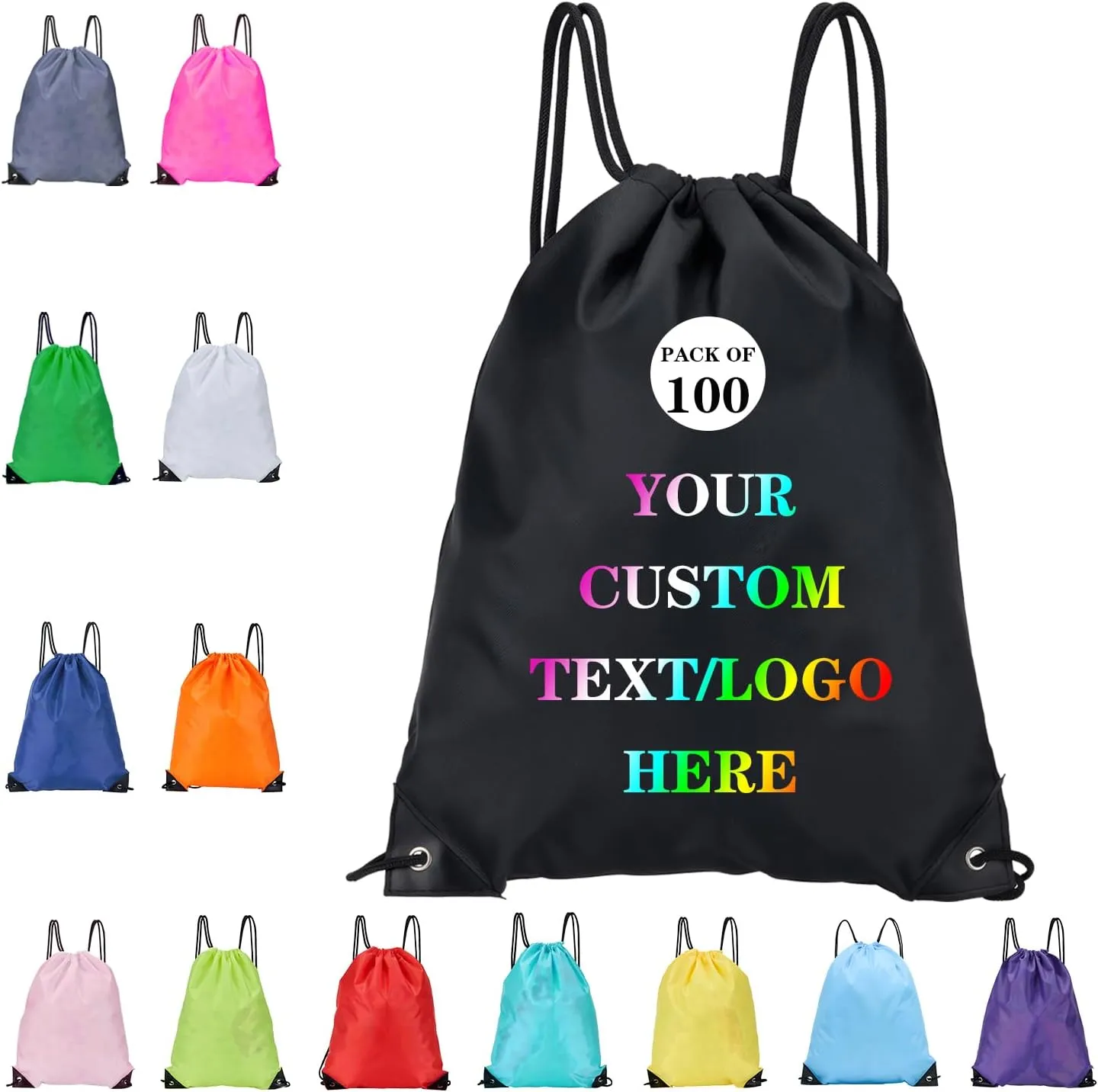 Custom Bags With Your Logo Set of 100 Custom Backpack Draw String Bags Pack Bulk for Travelling Swimming Gym Everyday Use (Black)