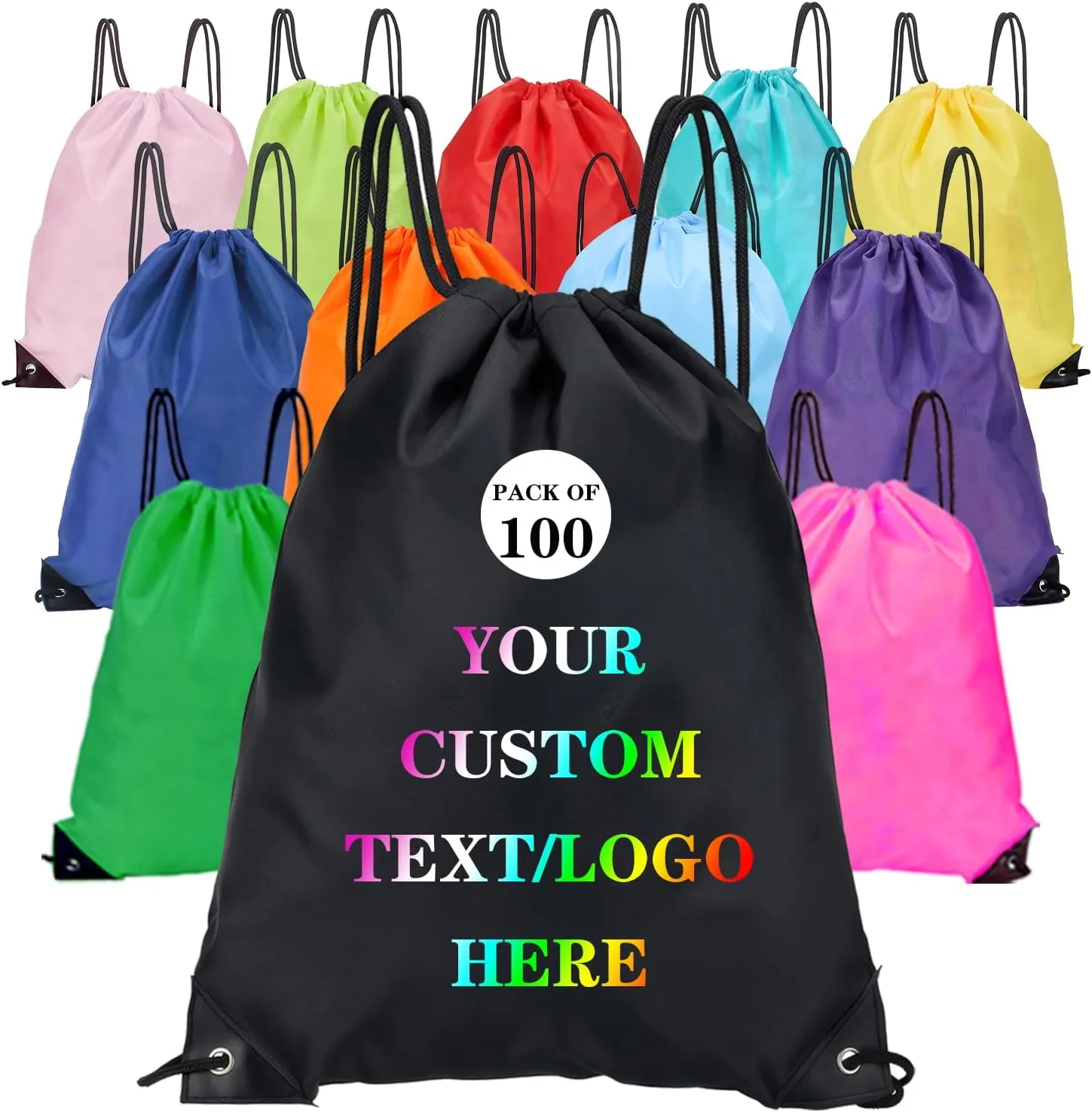 Custom Bags With Your Logo Set of 100 Custom Backpack Draw String Bags Pack Bulk for Travelling Swimming Gym Everyday Use (Black)