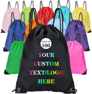 Custom Bags With Your Logo Set of 100 Custom Backpack Draw String Bags Pack Bulk for Travelling Swimming Gym Everyday Use (Black)