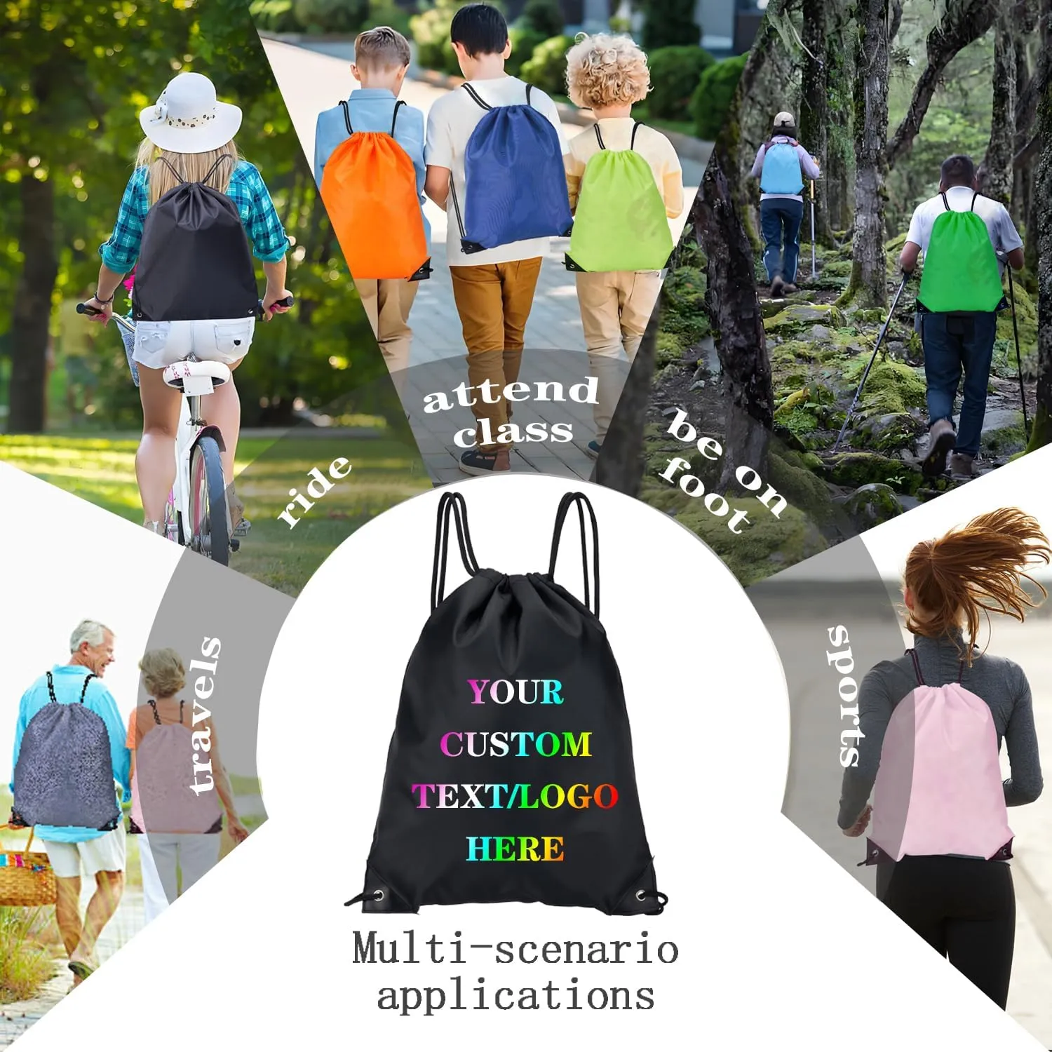 Custom Bags With Your Logo Set of 100 Custom Backpack Draw String Bags Pack Bulk for Travelling Swimming Gym Everyday Use (Black)