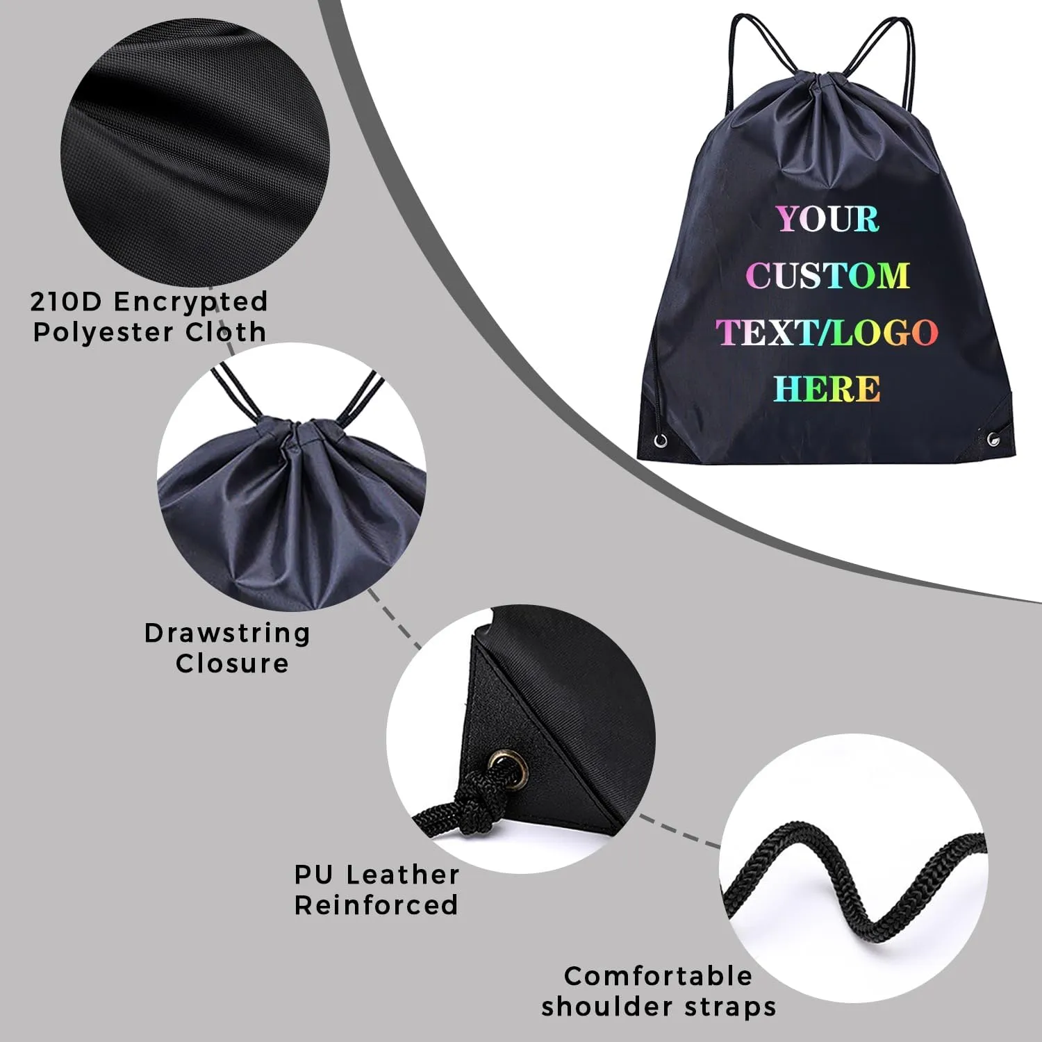 Custom Bags With Your Logo Set of 100 Custom Backpack Draw String Bags Pack Bulk for Travelling Swimming Gym Everyday Use (Black)