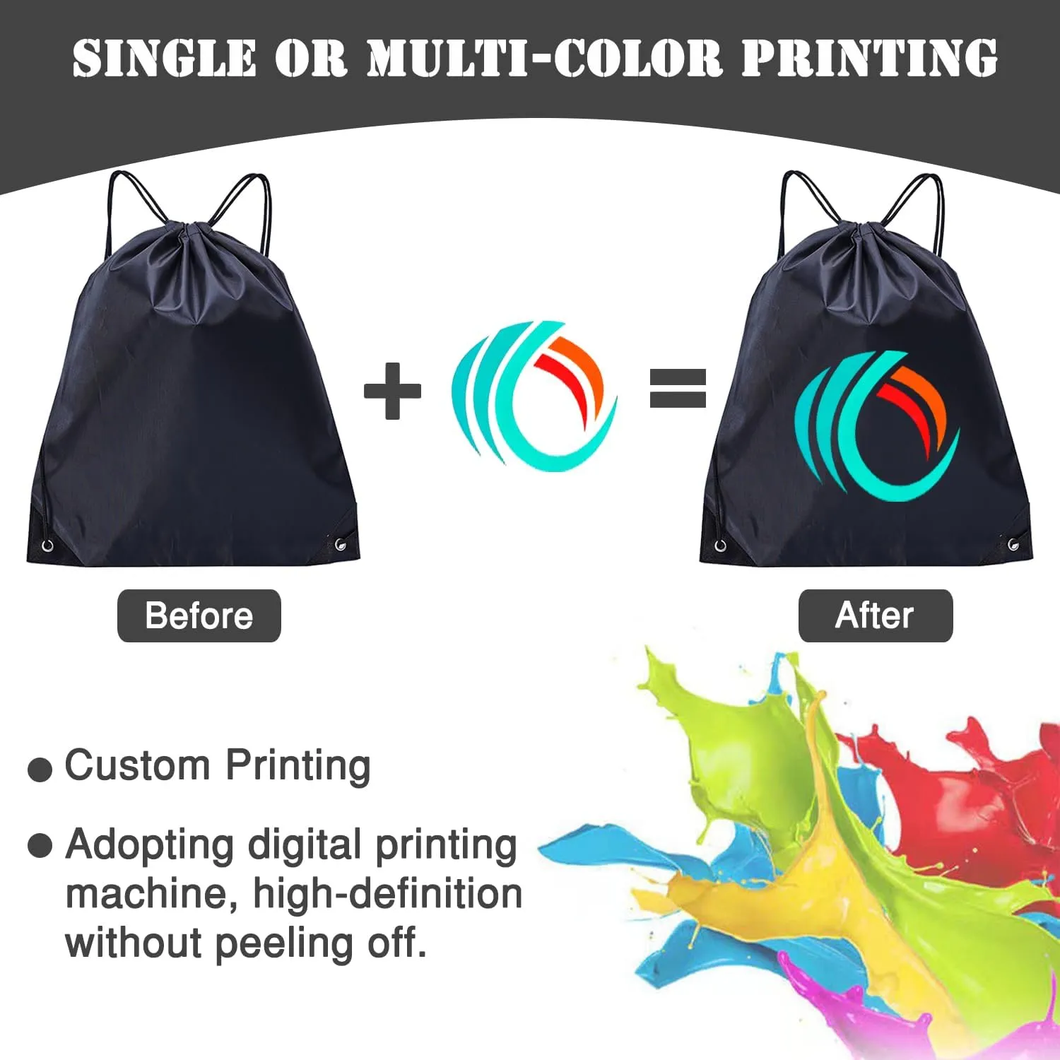 Custom Bags With Your Logo Set of 100 Custom Backpack Draw String Bags Pack Bulk for Travelling Swimming Gym Everyday Use (Black)