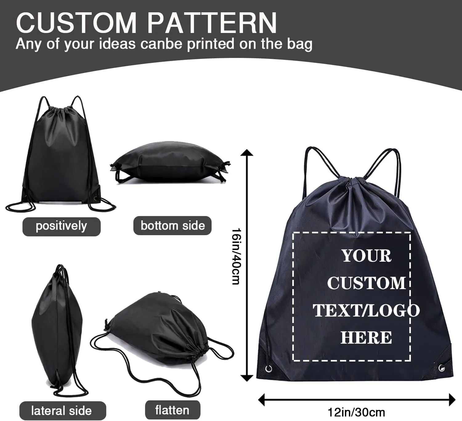 Custom Bags With Your Logo Set of 100 Custom Backpack Draw String Bags Pack Bulk for Travelling Swimming Gym Everyday Use (Black)