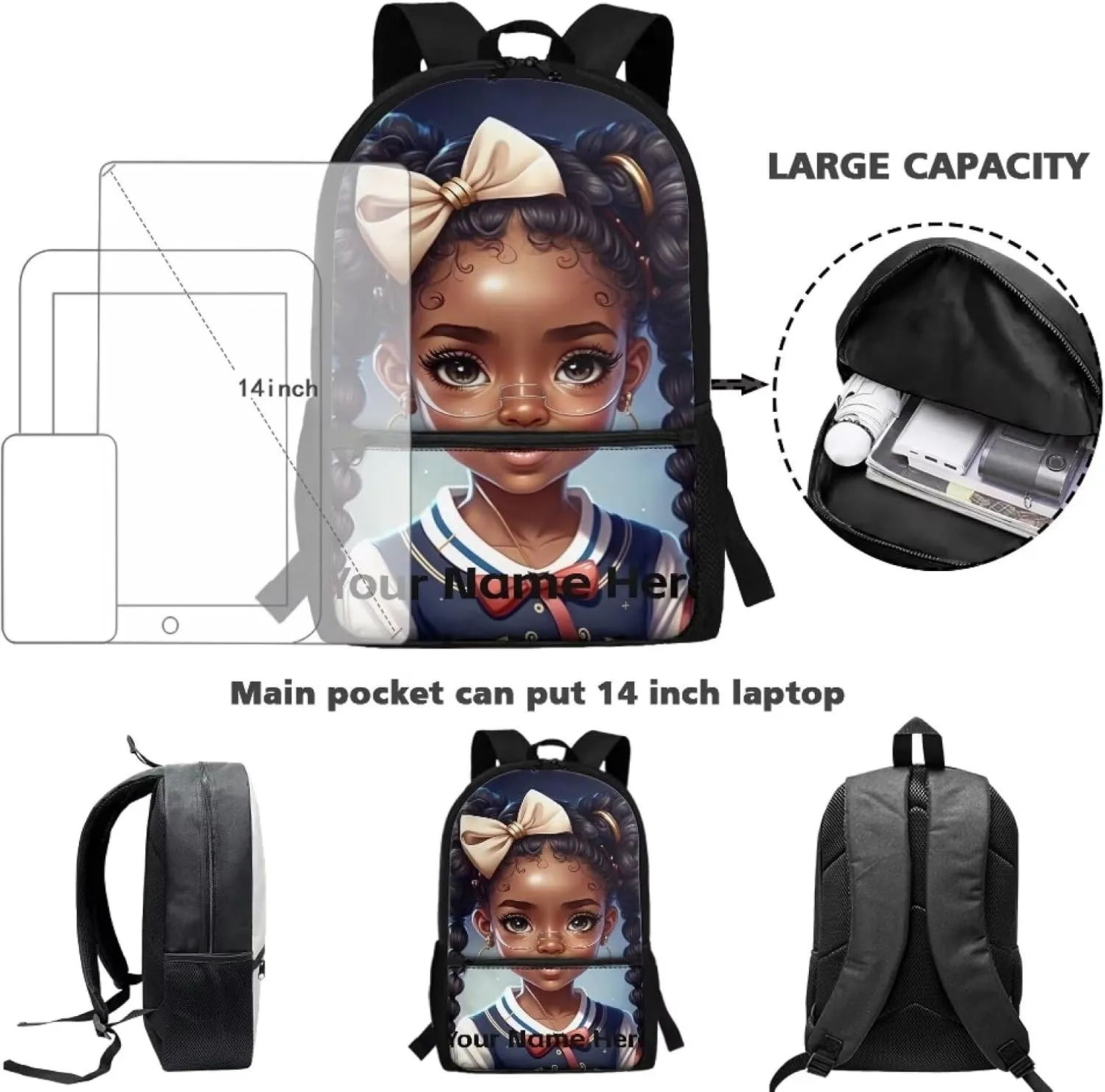 Custom Name African Backpack for School Girls 10-12 8-10 Afro Black Bookbag for Kids Personalized School Bag Middle/Elementary Book Bags 3Rd-6th Grade Teens Schoolbag Back To School
