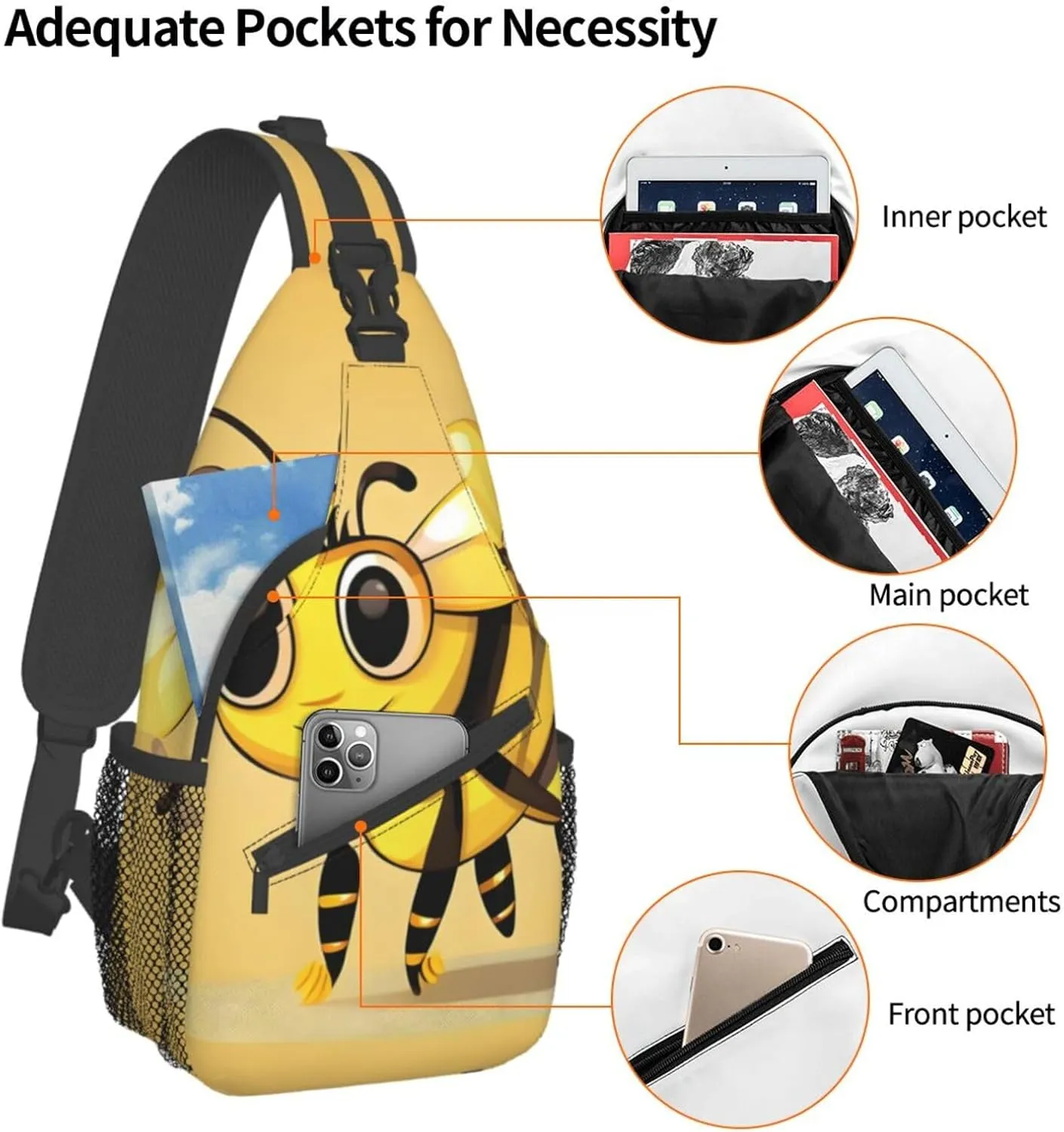 Cute Cartoon Bee Print Sling Backpack, Sling Bag, Crossbody Chest Bag Daypack, for Hiking Travel