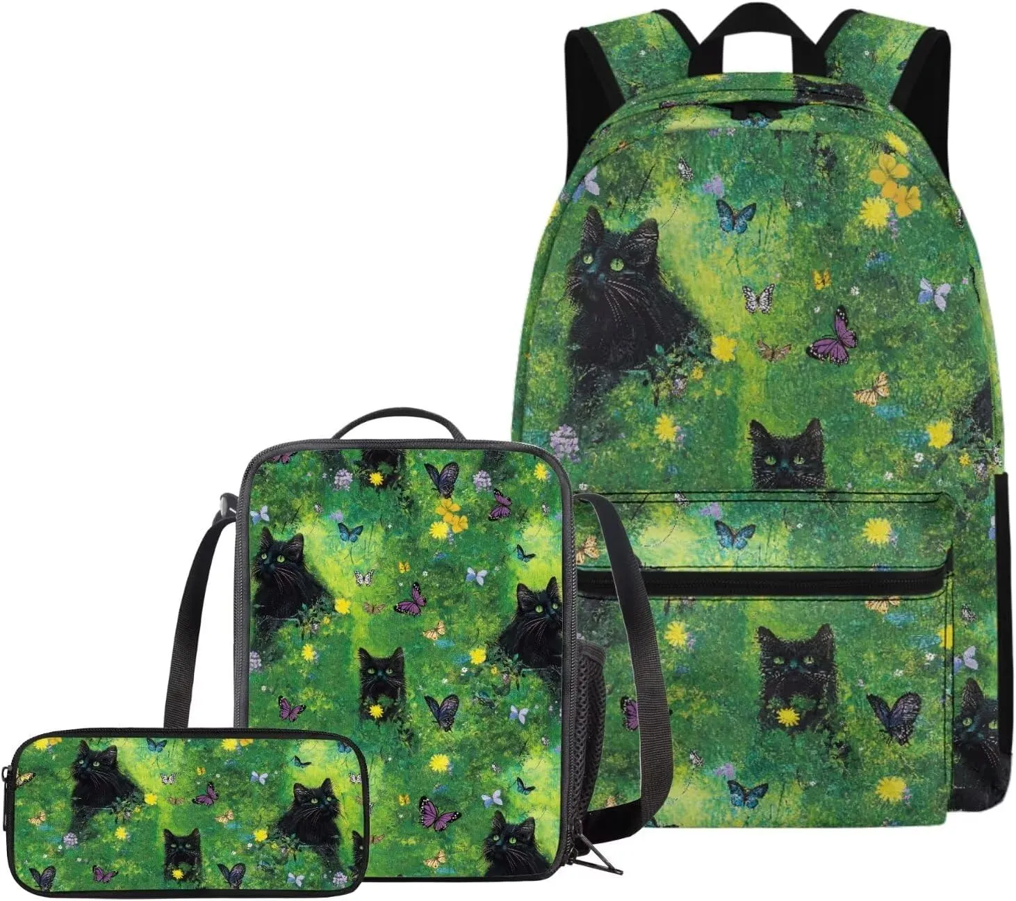 Cute Cat Butterfly Backpacks for 5th Grade Girls Bookbag with Lunch Box and Pencil Case Elementary School Bag for Kids with Lunchbox Pencil Pouch