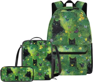 Cute Cat Butterfly Backpacks for 5th Grade Girls Bookbag with Lunch Box and Pencil Case Elementary School Bag for Kids with Lunchbox Pencil Pouch