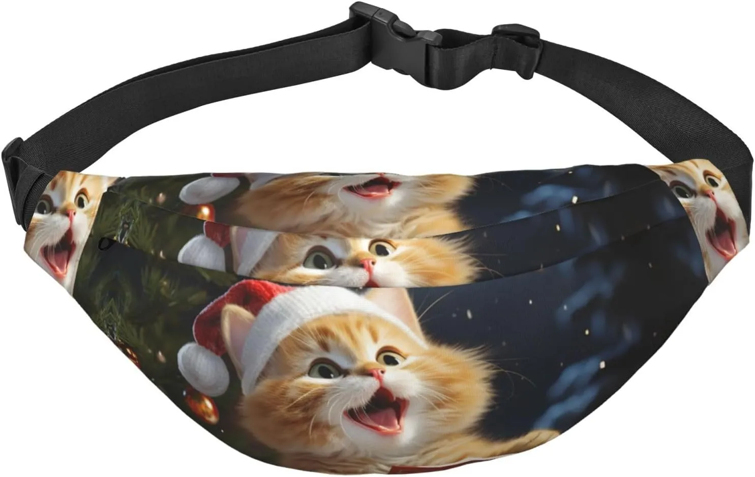 Cute Cat Sing Christmas Carols Fanny Pack for Men Women Crossbody Waist Bag Everywhere Belt Bag Wallet Hip Bum Bag with Adjustable Strap Casual Chest Bag for Outdoor Hiking Cycling