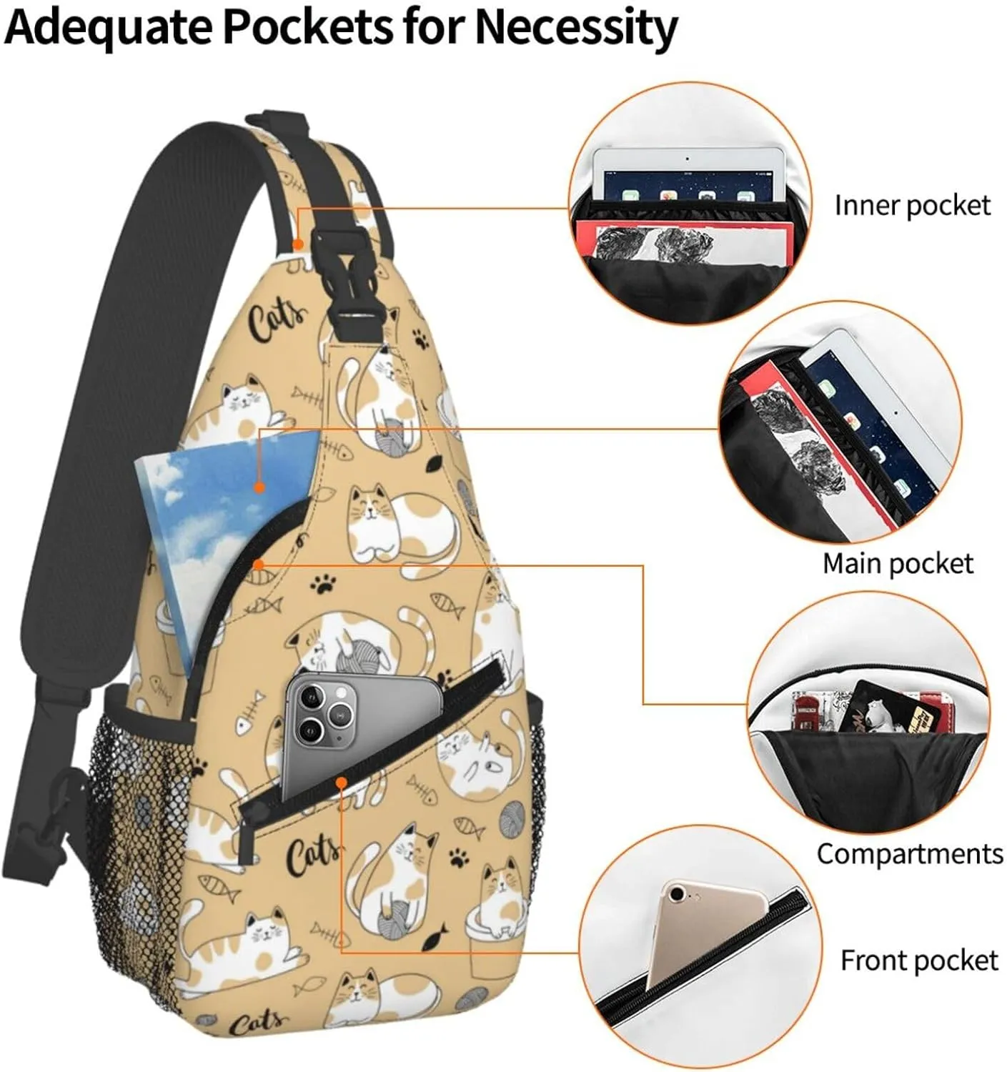 Cute Cat Sling Backpack,Fashion Shoulder Bags Adjustable Crossbody Chest Bag for Women Men Travel Hiking Daypack