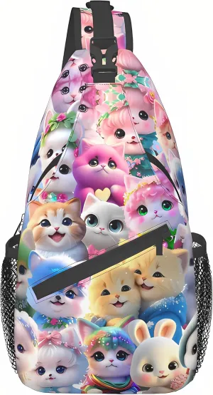 cute Cat Sling Bag Travel Crossbody Backpack Shoulder Pack Chest Hiking Daypack with Strap Adjustable Lightweight Outdoor Walking Running Climbing For Women Men Shoulder Bag