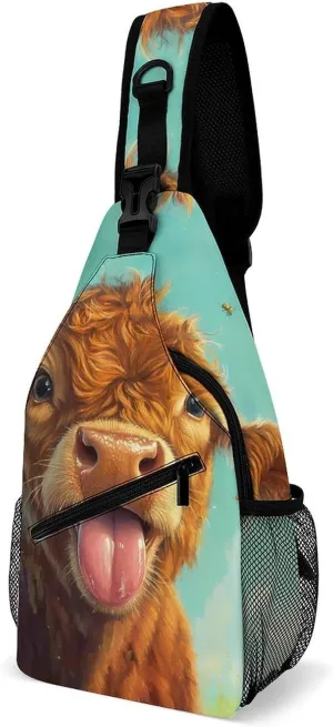 Cute Cow with Tongue Bees Fashion Sling Bag Shoulder Chest Crossbody Bags Backpack Travel Hiking