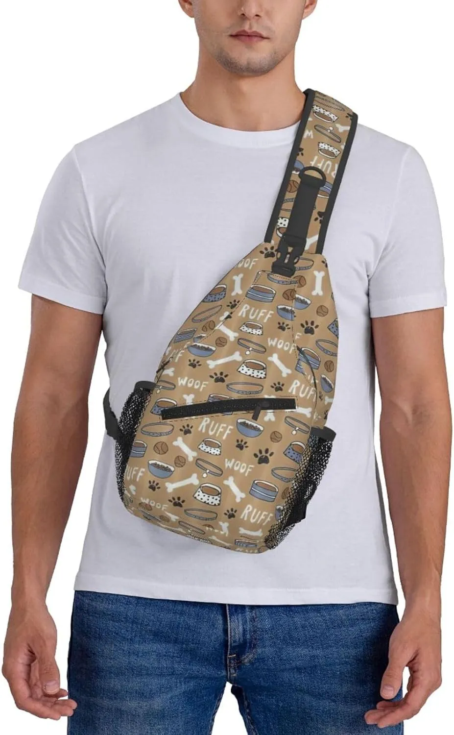 Cute Dog Bone Bowl Woof Paw Crossbody Chest Bag Lightweight Sling Daypackstravel Hiking Cycling For Men Women
