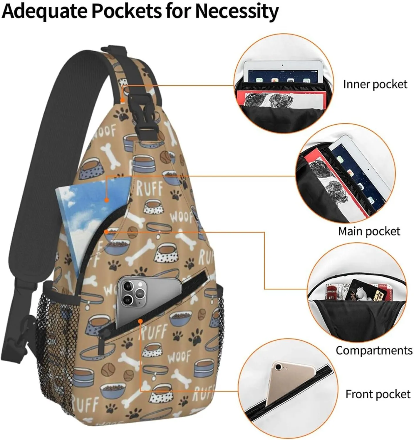 Cute Dog Bone Bowl Woof Paw Crossbody Chest Bag Lightweight Sling Daypackstravel Hiking Cycling For Men Women