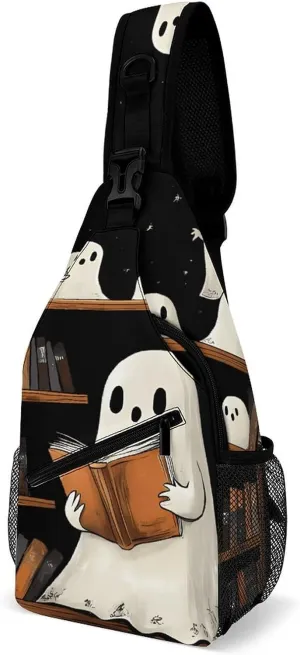 Cute Ghost Bookshelf Moon Casual Sling Bag Backpack Travel Shoulder Chest Crossbody Bags Adjustable Daypack Unisex