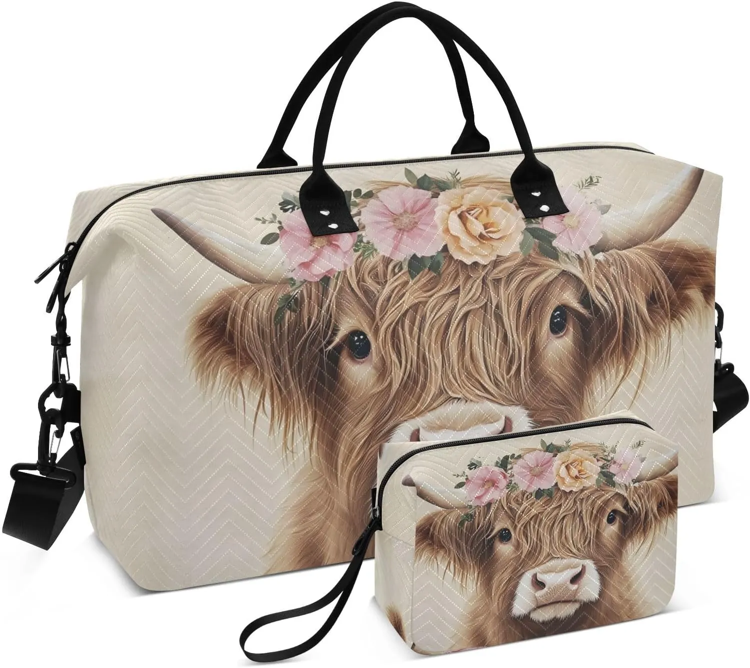Cute Highland Cow Garland Travel Duffel Bag Gym Bag Sports Tote Bag with Multiple Interior Pockets Shoulder Weekender Bag for Women Men with Toiletry Bag 20.5”x 7.9”x 13.8”