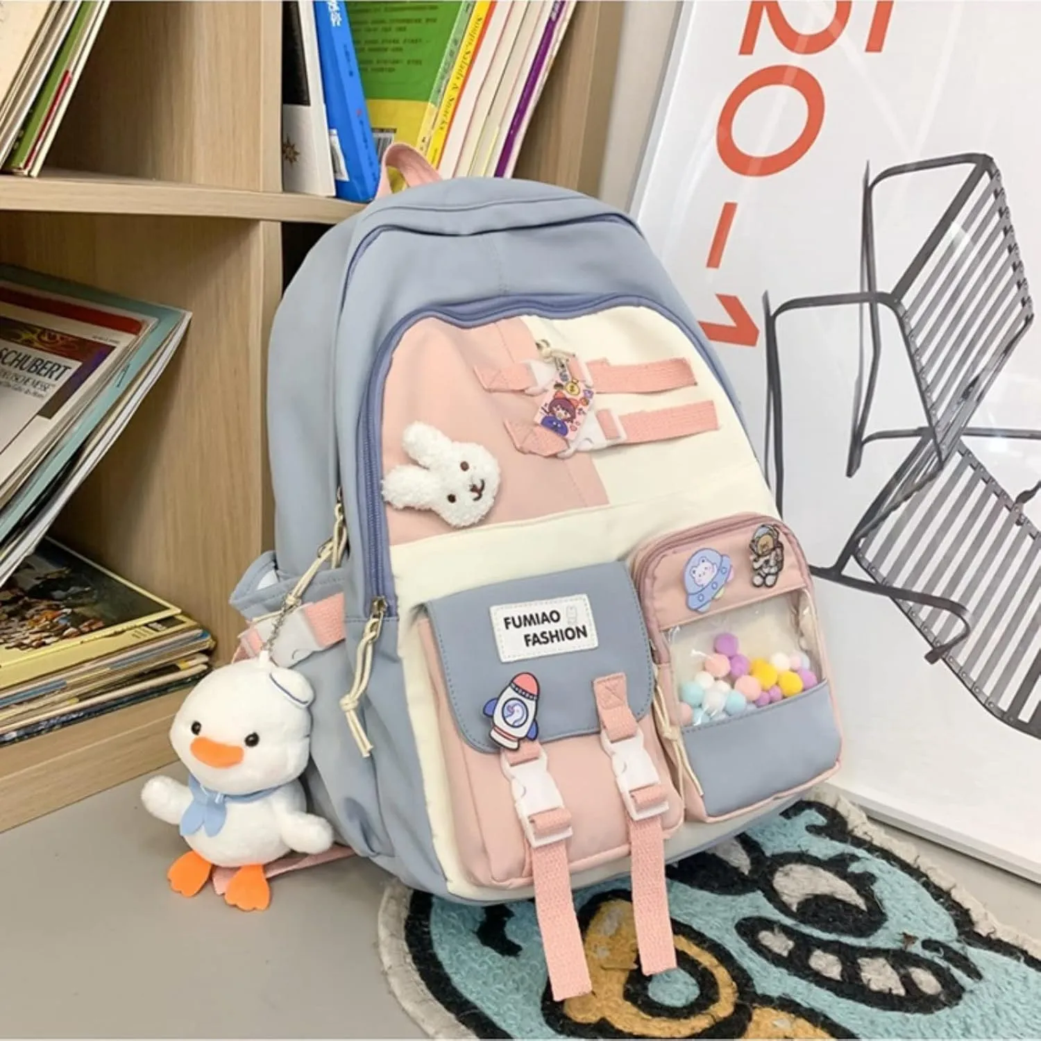 Cute Kawaii Backpack for Girl Boys, Back To School Gift Shoulder Bags Backpack Aesthetic Laptop Schoolbag for Teens(Blue)