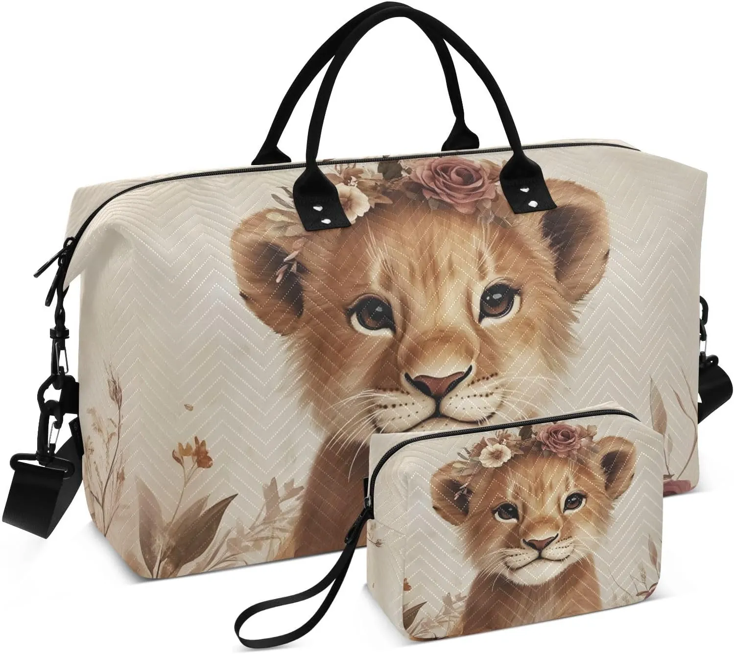 Cute Lion Garland Floral Travel Duffel Bag Gym Bag Sports Tote Bag with Multiple Interior Pockets Shoulder Weekender Bag for Women Men with Toiletry Bag 20.5”x 7.9”x 13.8”